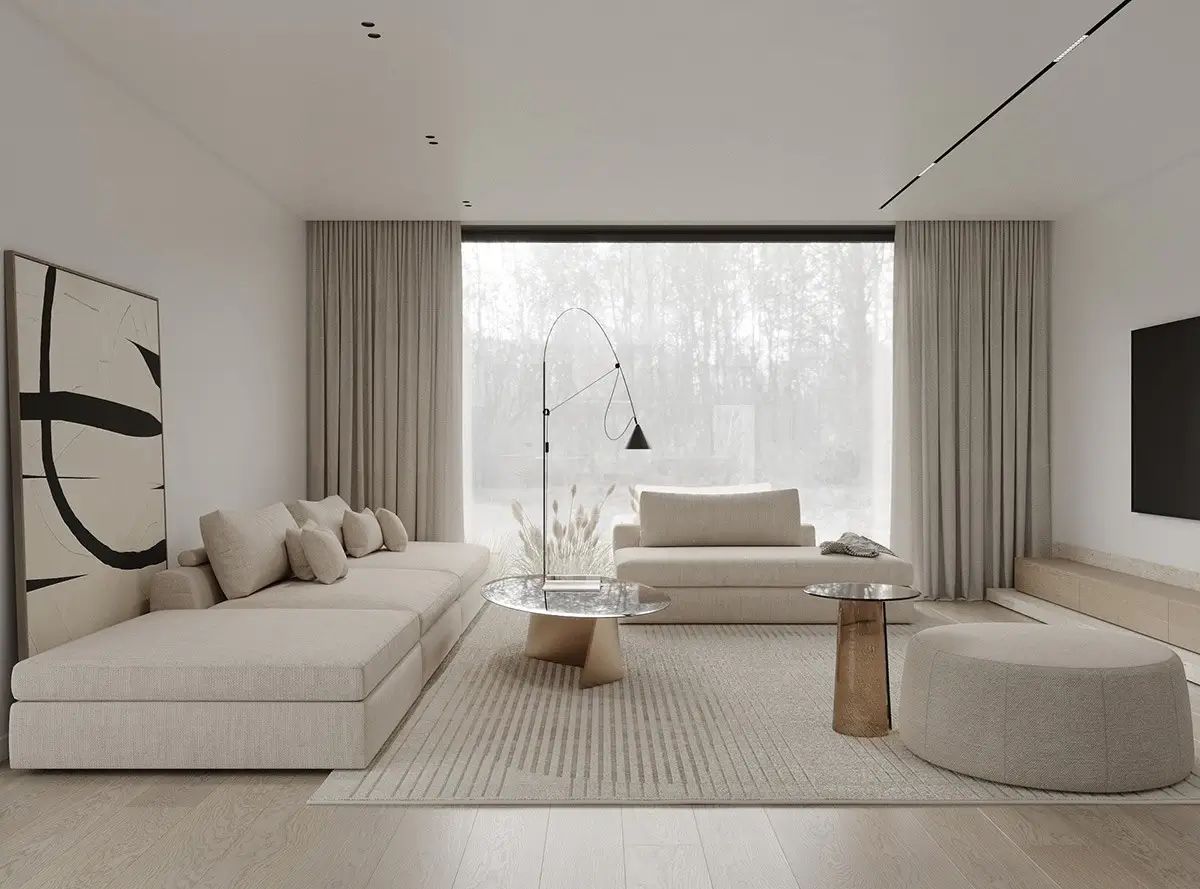 Minimalist living room with simple and clean roller shades