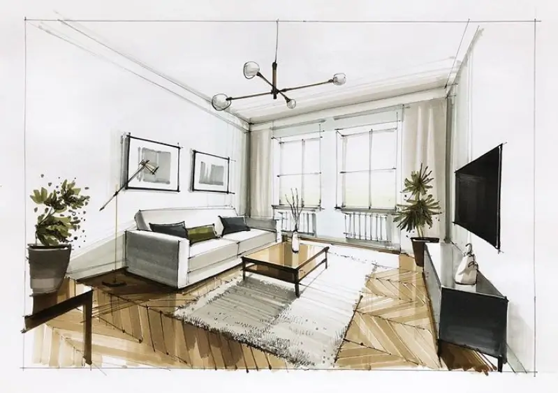 A designer's sketch of an interior