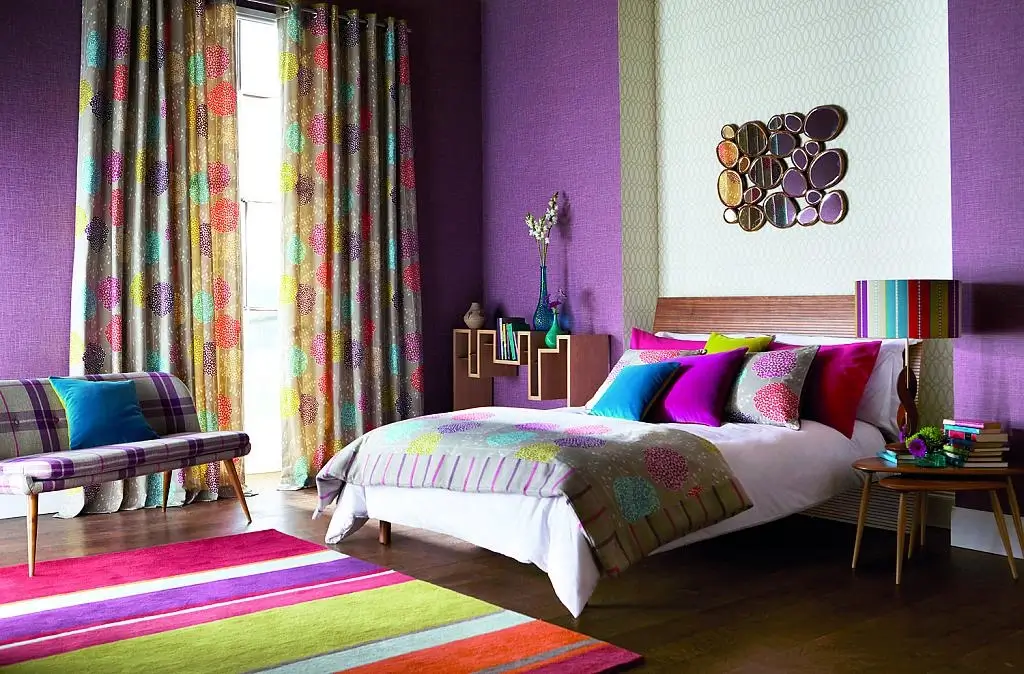 Colorful room with patterned curtains